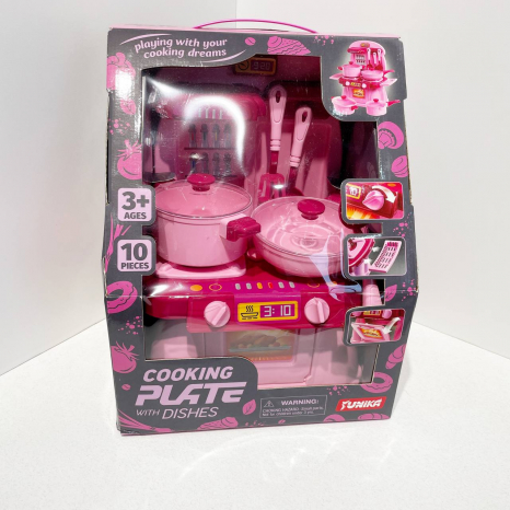 Набір посуду з плитою "Cooking Plate with dishes" 10 предметів, в рожевій коробці 71788 Юніка