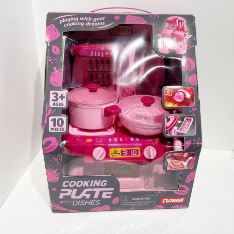 Набір посуду з плитою "Cooking Plate with dishes" 10 предметів, в рожевій коробці 71788 Юніка