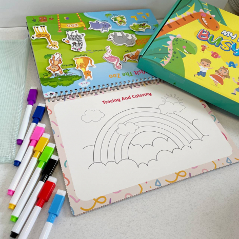 Розвиваюча логічна книжка з тематичнтми картками з назвами англійською мовою, фломастери пиши-стирай, C 72934