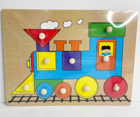 Дерев'яна рамка - вкладиш з ручками та дублюючим малюнком Потяг із геометричними фігурами