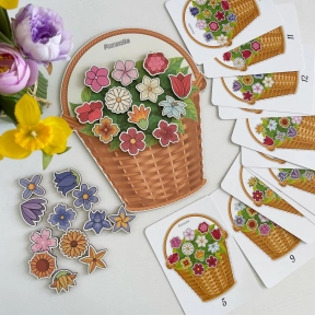 Деревянная корзина с цветами на липучках с карточками заданиями Познавалка Poznavalka