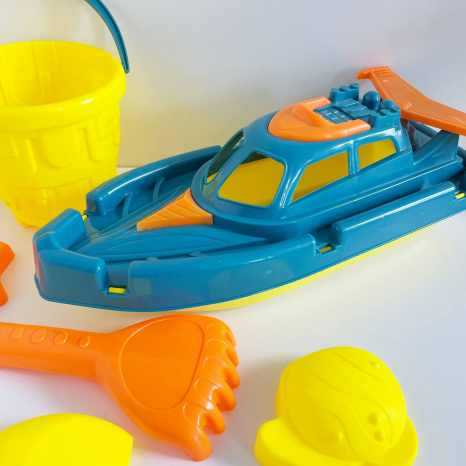 Набір для пісочниці та ігр з водою (катер, відро, лопатка, граблі, формочки) 8295-15D