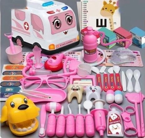 Дитячий набір лікаря (рожевий) на 73 предмета: звуки, мелодії, підсвічування, щелепа, окуляри, ліхтарик, інструменти 839-023