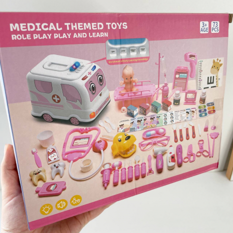 Дитячий набір лікаря (рожевий) на 73 предмета: звуки, мелодії, підсвічування, щелепа, окуляри, ліхтарик, інструменти 839-023