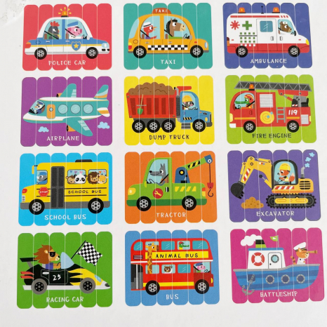 Набір дерев'яних пазлів з паличок Транспорт (36 елементів, 6 двосторонніх головоломок)
