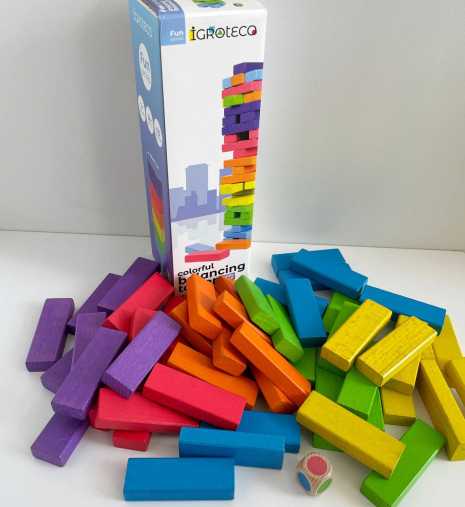 Гра настільна кольорова "Вежа-балансир" (дерев'яна дженга) з кубиком Igroteco 900781