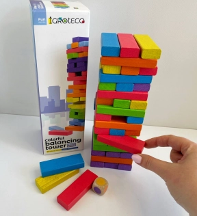 Гра настільна кольорова "Вежа-балансир" (дерев'яна дженга) з кубиком Igroteco 900781