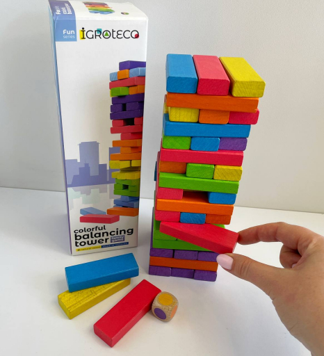 Гра настільна кольорова "Вежа-балансир" (дерев'яна дженга) з кубиком Igroteco 900781