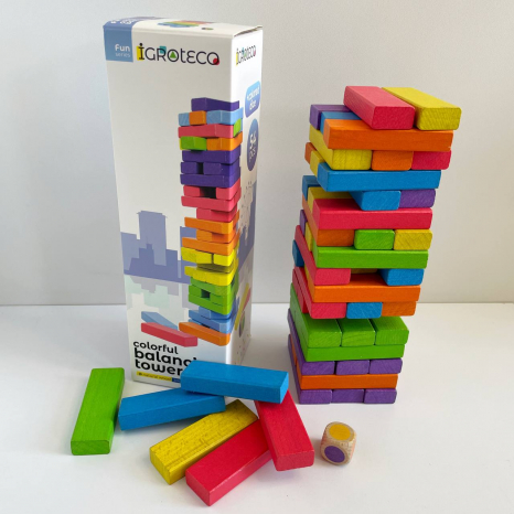 Гра настільна кольорова "Вежа-балансир" (дерев'яна дженга) з кубиком Igroteco 900781
