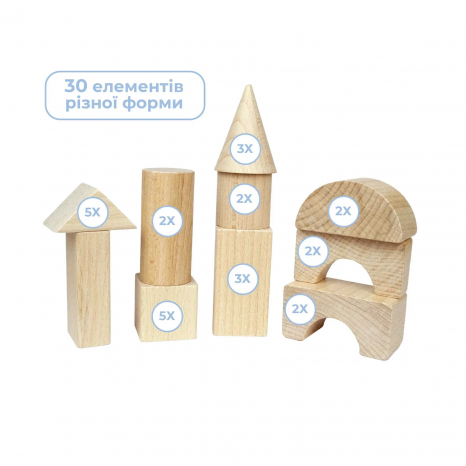 Дерев'яний конструктор Містечко Будівельний набір-блоки, не фарбовані, на 30 елементів Ігротеко
