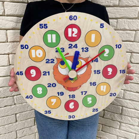 Дерев'яний навчальний годинник на підставці "Совуня", великі 40 см, 90128 Розумний лис