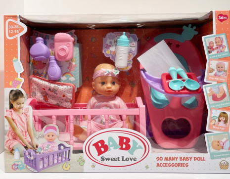 Пупс висота 28 см, ліжечко, знімний одяг, стільчик для годування, аксесуари, 9933 A-6