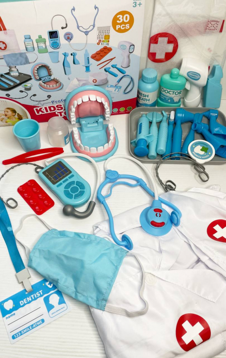 Набор врача-стоматолога (голубой), бормашина с вибрацией, челюсть, брекеты, термометр, стетоскоп, ин