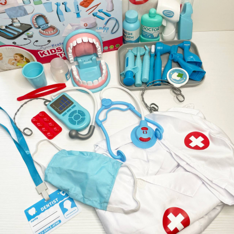 Набор врача-стоматолога (голубой), бормашина с вибрацией, челюсть, брекеты, термометр, стетоскоп, ин