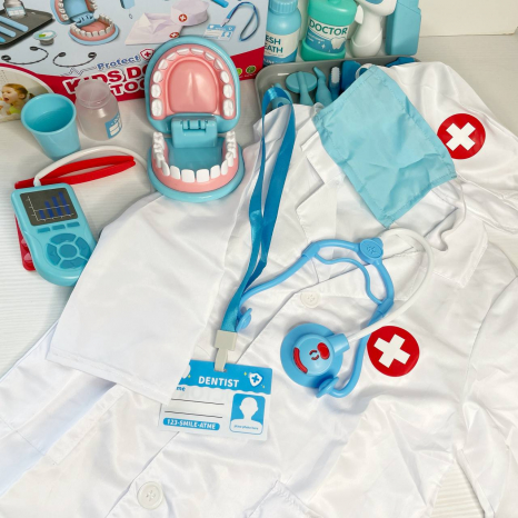 Набор врача-стоматолога (голубой), бормашина с вибрацией, челюсть, брекеты, термометр, стетоскоп, ин