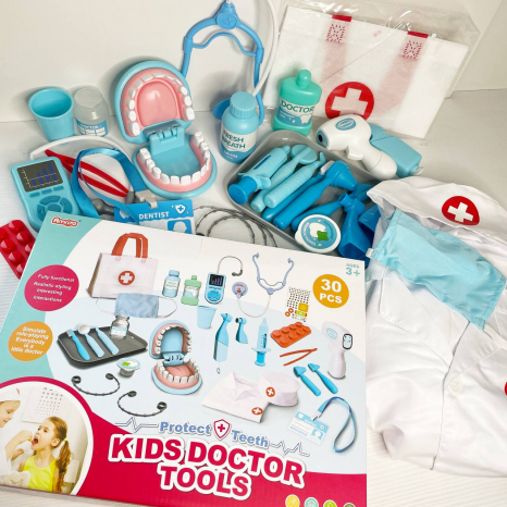 Набор врача-стоматолога (голубой), бормашина с вибрацией, челюсть, брекеты, термометр, стетоскоп, ин
