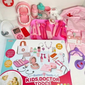 Набір лікаря-стоматолога (рожевий), бормашина з вібрацією, щелепа, брекети, термометр, стетоскоп, інструменти, медична сумочка,форма, A 83-4