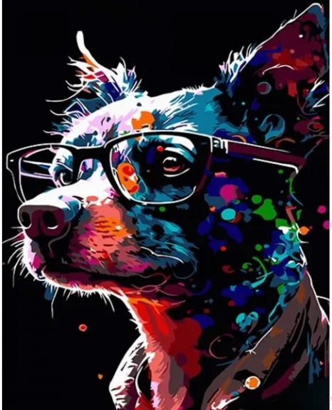 Картина за номерами на чорному тлі Яскравий песик в окулярах, Strateg, AH1017
