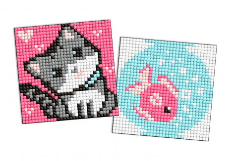 Алмазная мозаика на магните - Рыбка и котенок, набор из 2 сюжетов, 9x9см, Ideyka, AMG1050