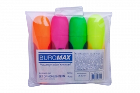 Набір текстових маркерів Neon BuroMax, 4 кольори, 2–4 мм, з гумовими вставками