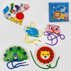 Деревянная шнуровка Зоопарк: животные 5 игровых панелейм и шнурков С 48520