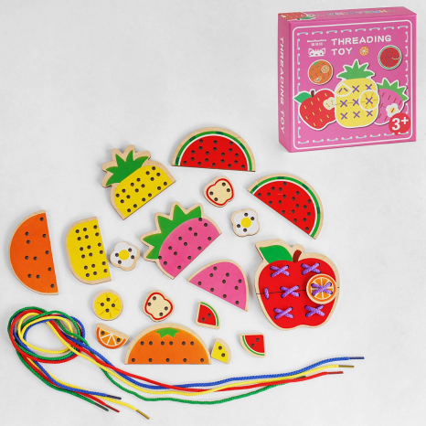 Дерев'яна гра шнурівка Фрукти 5 ігрових панелей та шнурків