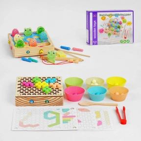 Деревянная логическая игра: магнитная рыбалка, мозаика с шариками и трафаретами, пинцетом C 57587