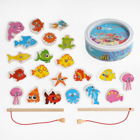 Дерев'яна магнітна риболовля у відрі (22 фігурки та 2 вудочки)