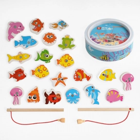 Дерев'яна магнітна риболовля у відрі (22 фігурки та 2 вудочки)