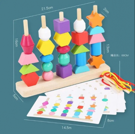 Дерев`яна логічна пірамідка із картками - завданнями та шнурівкою