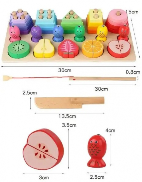 Дерев`яна логічна гра Монтессорі: пірамідка - сортер геометрик, магнітна риболовля та фрукти-половинки C 63993