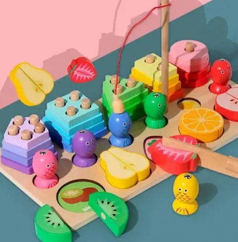 Дерев`яна логічна гра Монтессорі: пірамідка - сортер геометрик, магнітна риболовля та фрукти-половинки C 63993