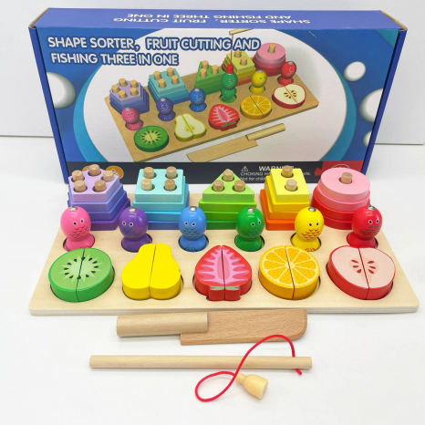Дерев`яна логічна гра Монтессорі: пірамідка - сортер геометрик, магнітна риболовля та фрукти-половинки C 63993