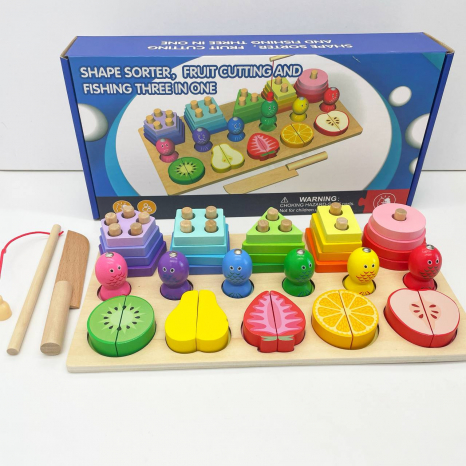 Дерев`яна логічна гра Монтессорі: пірамідка - сортер геометрик, магнітна риболовля та фрукти-половинки C 63993