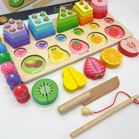 Дерев`яна логічна гра Монтессорі: пірамідка - сортер геометрик, магнітна риболовля та фрукти-половинки C 63993