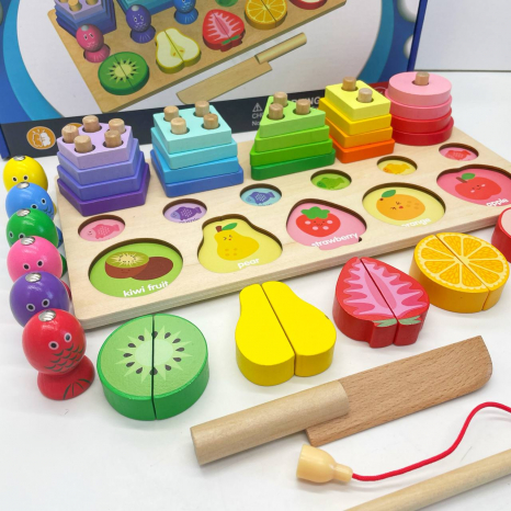 Дерев`яна логічна гра Монтессорі: пірамідка - сортер геометрик, магнітна риболовля та фрукти-половинки C 63993