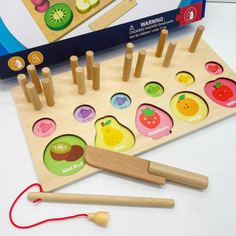 Дерев`яна логічна гра Монтессорі: пірамідка - сортер геометрик, магнітна риболовля та фрукти-половинки C 63993