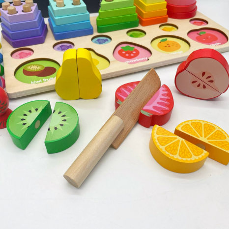 Дерев`яна логічна гра Монтессорі: пірамідка - сортер геометрик, магнітна риболовля та фрукти-половинки C 63993
