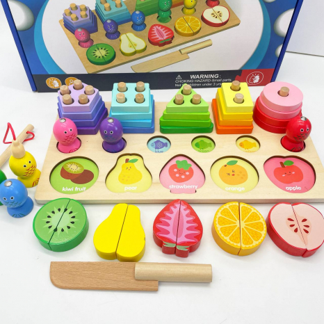 Дерев`яна логічна гра Монтессорі: пірамідка - сортер геометрик, магнітна риболовля та фрукти-половинки C 63993