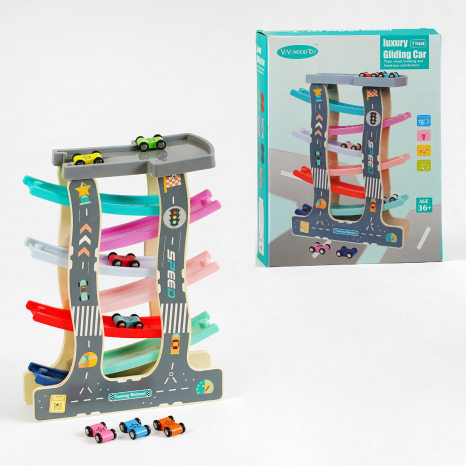 Дерев`яний трек (крутий спуск) 7 доріжок, 7 машинок C 63973