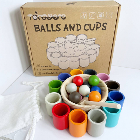 Дерев'яний сортер Монтессорі  Вивчаємо кольори C 64874 : 12 кульок, 12 стаканчиків, ложка та тарілка