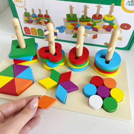 Дерев'яний геометричний сортер-ключик  16 деталей з отворами, елементи геометричних фігур, C 65604