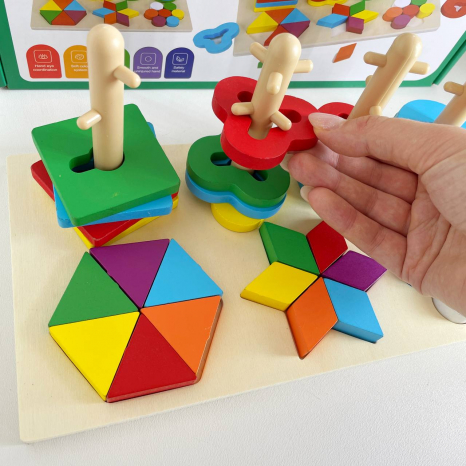 Дерев'яний геометричний сортер-ключик  16 деталей з отворами, елементи геометричних фігур, C 65604