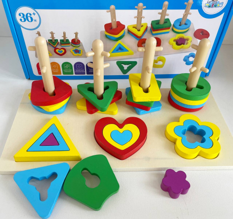Дерев'яний геометричний сортер-ключик  16 деталей з отворами, елементи геометричних фігур, C 65604