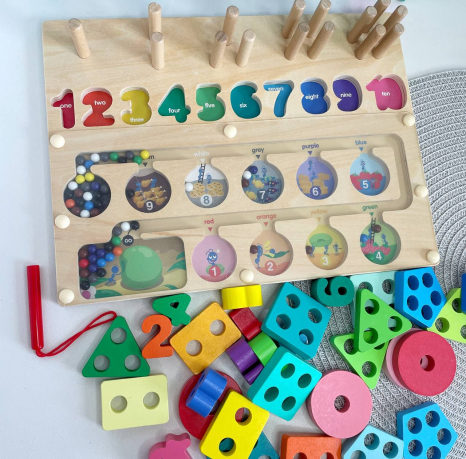 Математична логічна дерев’яна дошка-сортер, цифри з кульками, магнітна паличка C 65680