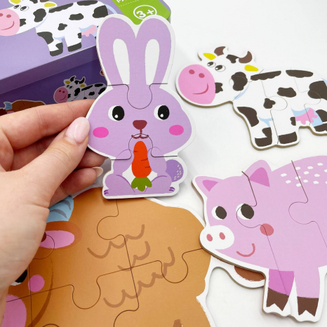 Пазли "Свійські тварини", 6 шт в наборі на 3,4,5,6 елементів  у  металеій коробці, вивчення цифр