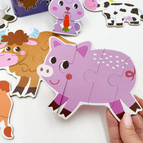 Пазли "Свійські тварини", 6 шт в наборі на 3,4,5,6 елементів  у  металеій коробці, вивчення цифр