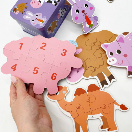 Пазли "Свійські тварини", 6 шт в наборі на 3,4,5,6 елементів  у  металеій коробці, вивчення цифр