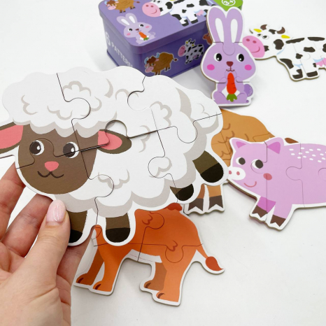 Пазли "Свійські тварини", 6 шт в наборі на 3,4,5,6 елементів  у  металеій коробці, вивчення цифр