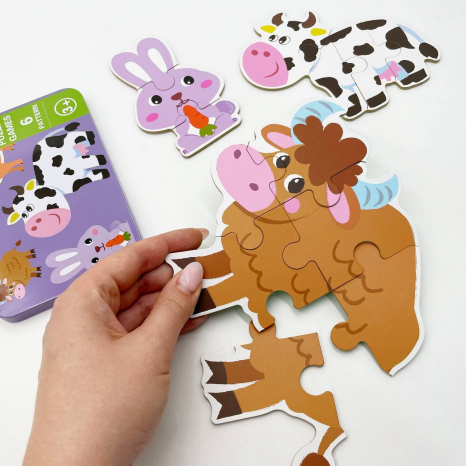 Пазли "Свійські тварини", 6 шт в наборі на 3,4,5,6 елементів  у  металеій коробці, вивчення цифр